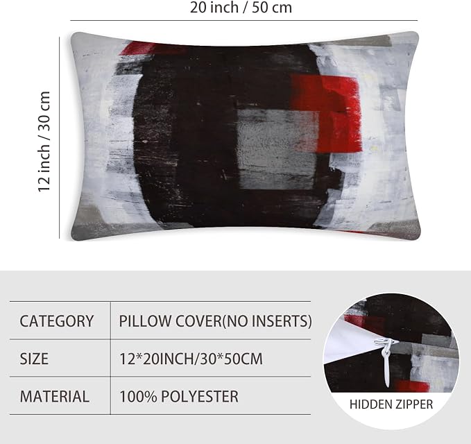 Red and Grey Abstract Art Pillow Cover, Modern Black White Decorative Throw Pillows Cushion Cover for Bedroom Sofa Living Room 12 x 20 Inch Set of 2