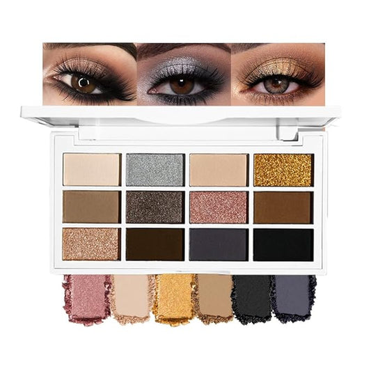 12 Colors Matte Shimmer Eyeshadow - Cool-toned Eyeshadow Palette, Long-Lasting Waterproof Crease-Proof Pigmented, Built-In Mirror, Vegan Cruelty-Free for Daily & Glam Makeup Looks 01#