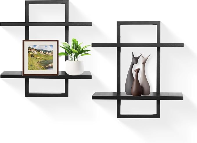 Floating Shelves for Wall,Decorative Wall Shelves Black,Plants Shelf Framed | Square Wall Decor,Art Sconces Artificial Vases Hanging Storage Shelf for Bathroom Living Room Elegant,Wood,2 Tier,Set of 2