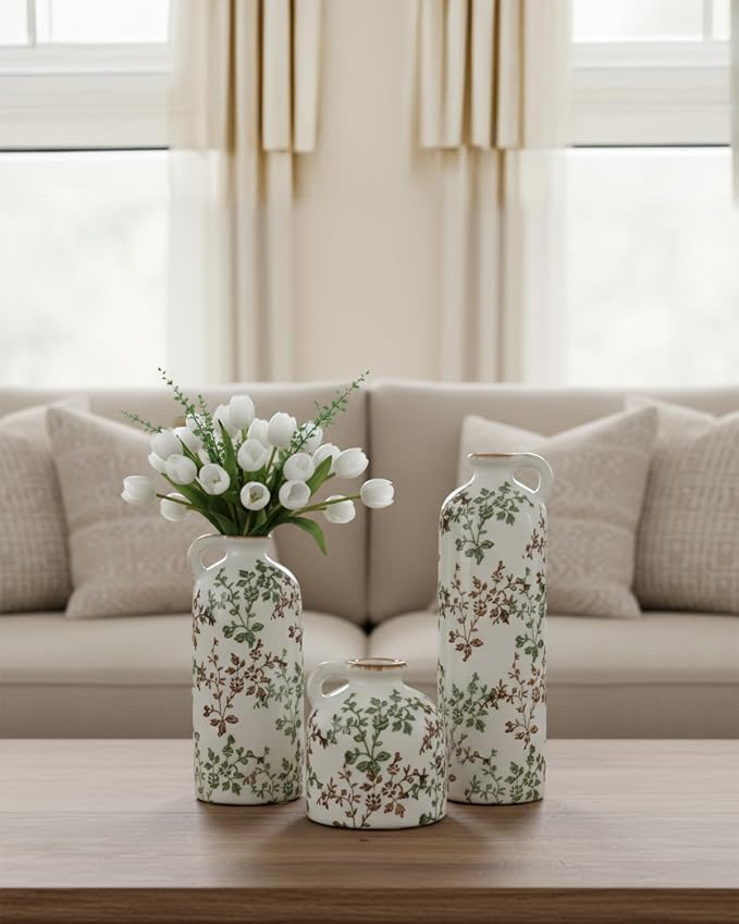 Green Floral Vase Set of 3 with Handles, Vintage Ceramic Jugs for Decor | Crackle glaze finish for farmhouse living rooms, shelves and table displays