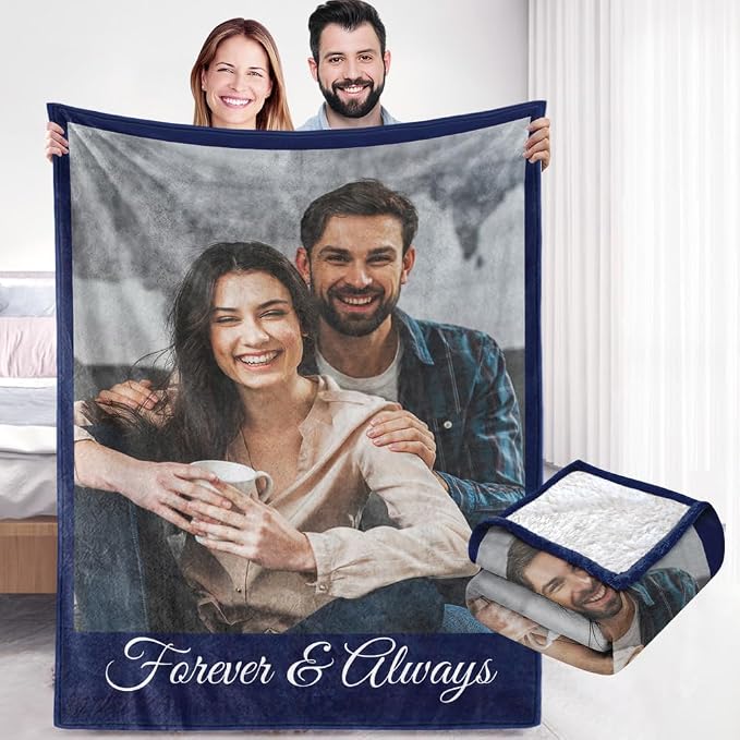 Ships Next Day, Custom Sherpa Fleece Blanket with Photos Text Soft Warm Custom Blanket Personalized Couples Gifts for Boyfriend Girlfriend Customized Picture Blanket Gifts for Christmas Valentines Day
