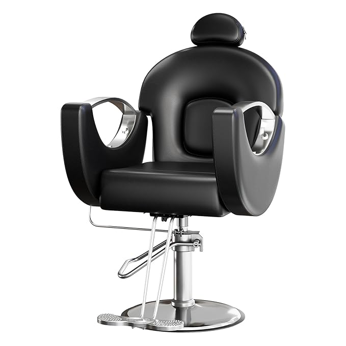 Barber Salon Chair, Reclining Salon Chair with Heavy Duty Hydraulic Pump, 360° Swivel and Height Adjustable, 330 LBS Capacity Spa Beauty Equipment Hairdresser Armchair for Barbershop- Black & Silver