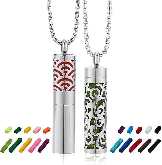 PH PandaHall 2 Styles Essential Oil Diffuser Necklace Aroma Necklaces Pendant Stainless Steel Aromatherapy Pendant with 20pcs Color Felt Pads Hollow Scent Necklace for Men Women Jewelry Birthday Gift