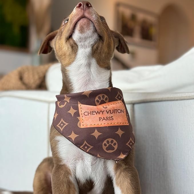 Chewy Vuiton Dog Bandana Designer Fashion Scarf Kerchief for Small Medium and Large Dogs, Funny Parody Gift for Girl or Boy Dog, Soft Durable Fabric, Adjustable Tie-On Style Triangle