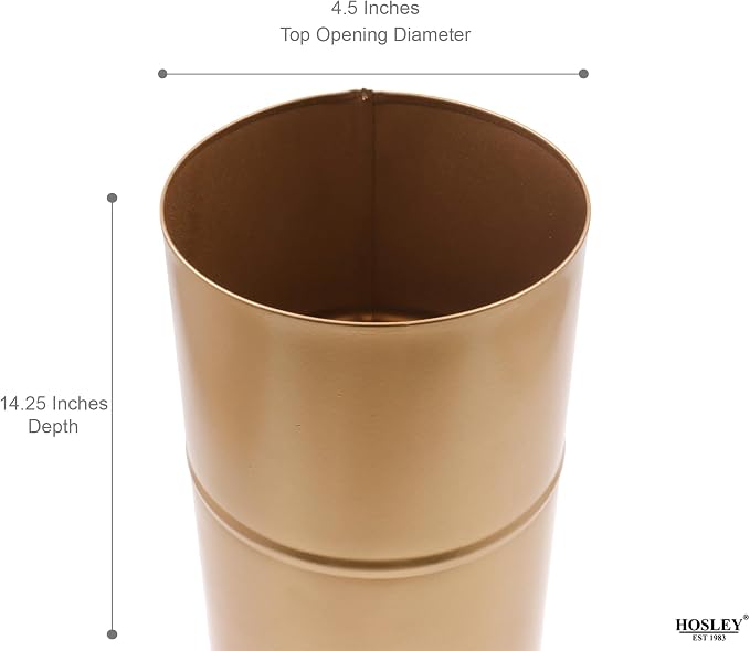 Hosley Gold Metal Tall Floor Vase with PVC Liner, 4-Inch Dia x 14-Inch H, Large Decorative Vase for Home Decor, Ideal for Floral Arrangements, Weddings, Parties, and Living Room Corner Decor