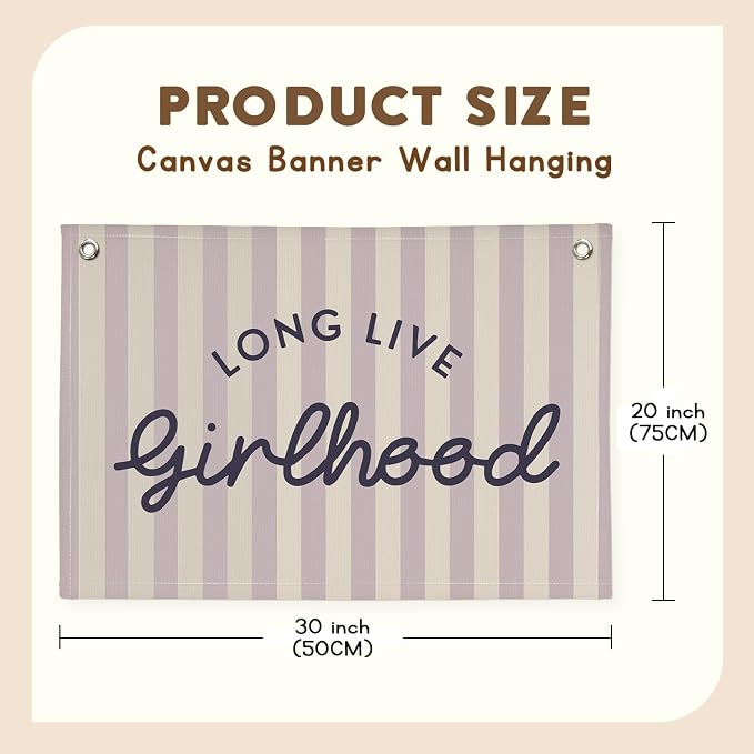 Purple Girls Room Decor Long Live Girlhood Banner, Vintage Stripes Flag Banner Nursery Playroom Wall Decor for Girls Bedroom Dorm Toddler Decorations Teen Girls Kids Room 30x20,girlroom