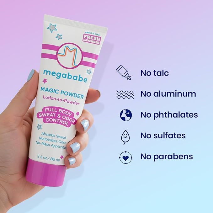 Megababe Sweat & Odor Absorbing Lotion - Magic Powder Stay-Dry Lotion to Powder | Spring Break Must-Have | Aluminum-Free, Talc-Free | 3 fl oz
