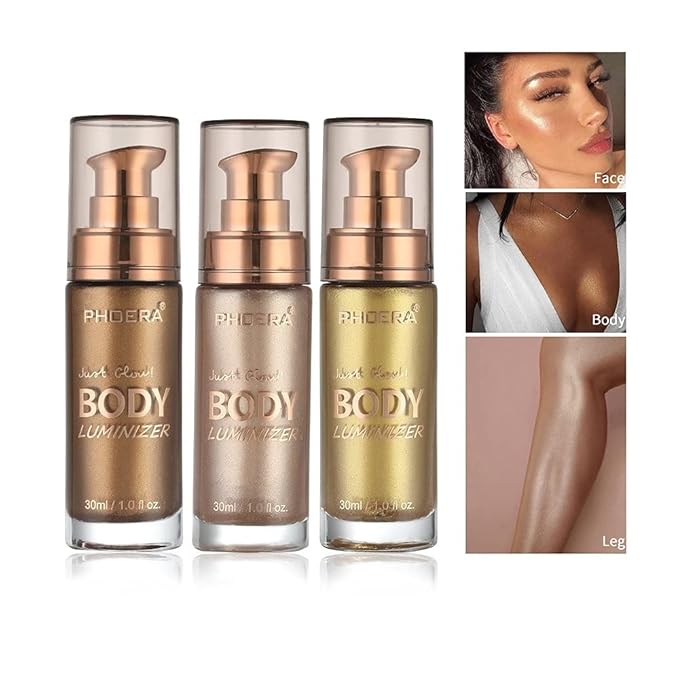 2 Pack PHOERA Body Luminizer, High Gloss Waterproof Body Luminizer Glitter Face Shimmer Moisturizer Lotion Tan Cream Foundation Makeup Bronzer(101 Rose Gold+103 Glistering Bronze)