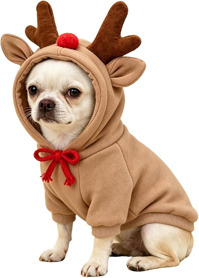 Fleece Lined Reindeer Design Dog Hoodie Costume, XS | Pet Clothing & Christmas Party Costume For 2-25 Lbs Small medium Dog Cat French Bulldog Chihuahua Pinscher Poodle Dachshund