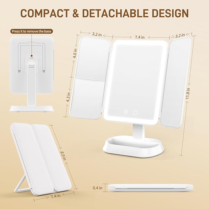FRANO Vanity Mirror with Lights - Rechargeable Lighted Makeup Mirror | 1X/3X/5X Magnification, Smart Touch, 3 Colors Dimmable | Portable Trifold Mirror for Travel for Women and Girls