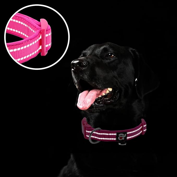 azuza Reflective Dog Collar, Neoprene Padded Medium Dog Collar, Hot Pink, M