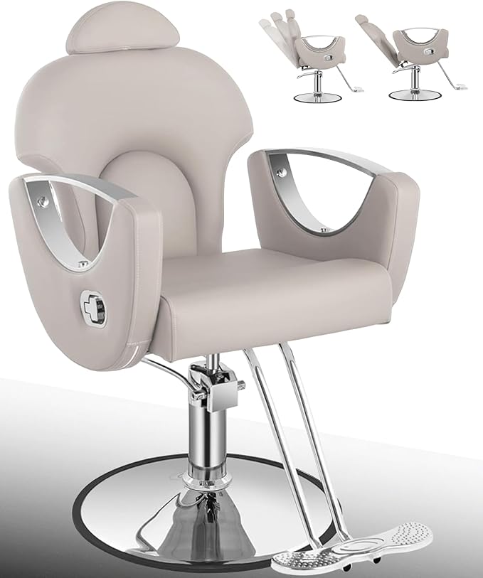 Reclining Salon Hair Chair, Barber Styling Chair for Hair Stylist, 360° Swivel Height Adjustable Hair Braiding Hairdresser Chairs, Beauty Spa Equipment for Barbershop, Gray Silver