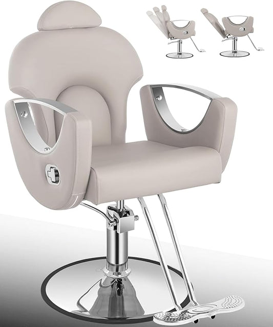 Reclining Salon Hair Chair, Barber Styling Chair for Hair Stylist, 360° Swivel Height Adjustable Hair Braiding Hairdresser Chairs, Beauty Spa Equipment for Barbershop, Gray Silver