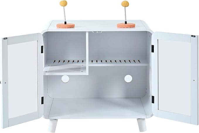TV-Style Cat Cabinet with Side Steps, Litter Walkway, Dual Glass Doors, RGB Ambient Lighting, Interactive Pom-Pom Toys, Indoor Cat House Side Table, MDF & Glass Construction, White