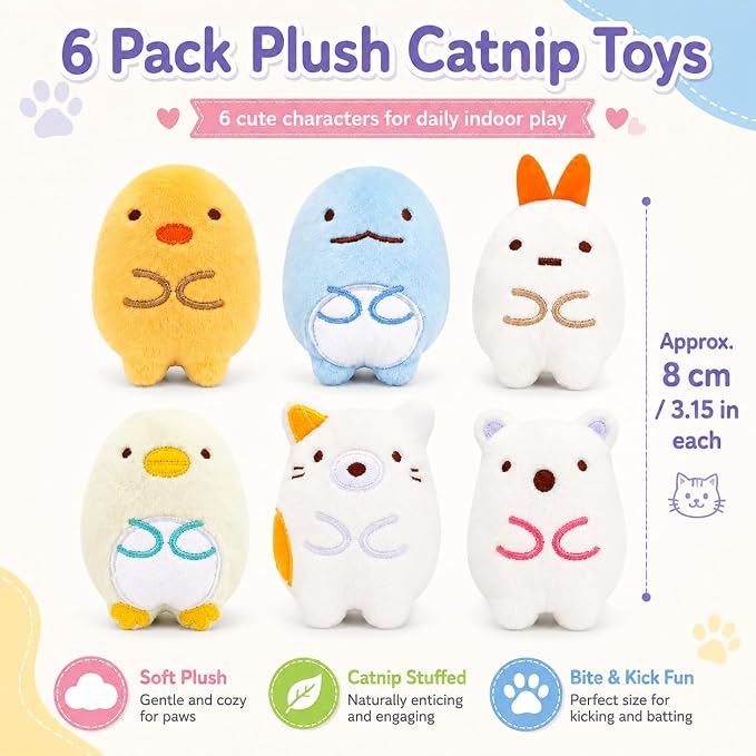 6 Pack Catnip Toys for Cats – Plush Interactive Cat Toys for Indoor Cats & Kittens – Soft Catnip Filled Chew, Kick & Toss Toys – Cute Assorted Plush Characters for Stress Relief & Exercise