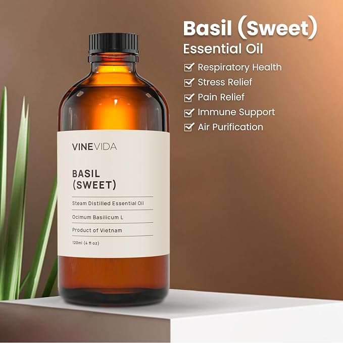 VINEVIDA Sweet Basil Essential Oil 4 oz - Undiluted Oil - DIY Candle Scents - Bulk Oil for Soap Making