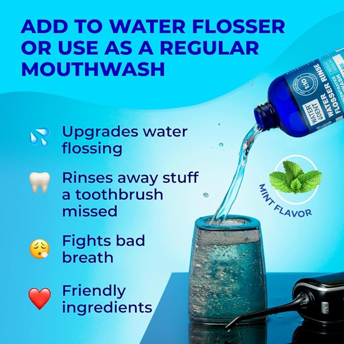 WATER DENT | Water Flosser Rinse, IRRIGANT, Concentrate Mouthwash | When dilluted1:10 = 44 fl.oz, Travel Size, Add to Oral irrigator, Mint Flavor, Alcohol & Fluoride Free. Made in USA | 4 fl.oz