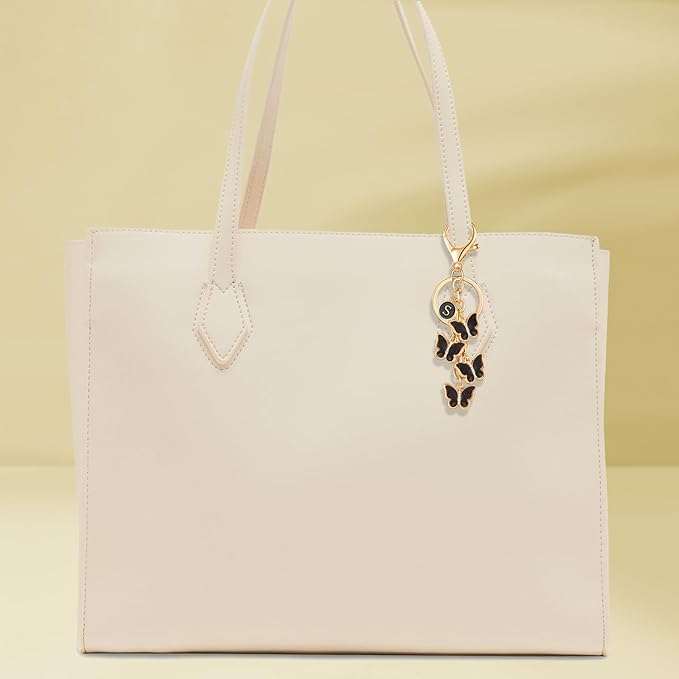 XGALBLA White Pink Black Cute Butterfly Initial Letter Keychain for Women, Butterfly Bag Charms Keyring for Handbags Backpack