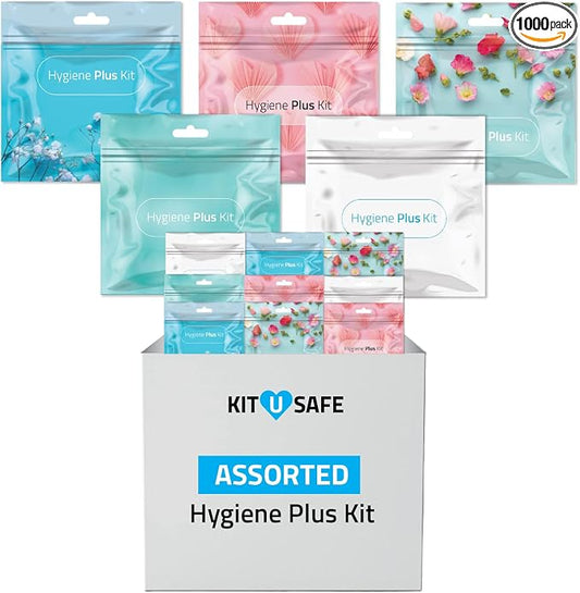 Hygiene Plus Assorted Period Kit with Disposable Underwear (1000, Packs) | Each kit: 1 disposable underwear, 1 pad, 1 tampon, 1 pantiliner & 1 feminine wipe