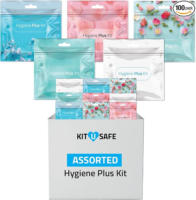 Hygiene Plus Assorted Period Kit with Disposable Underwear (100, Packs) | Each kit: 1 disposable underwear, 1 pad, 1 tampon, 1 pantiliner & 1 feminine wipe