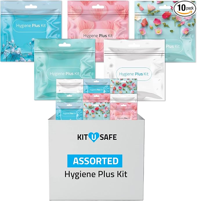 Hygiene Plus Assorted Period Kit with Disposable Underwear (10, Packs) | Each kit: 1 disposable underwear, 1 pad, 1 tampon, 1 pantiliner & 1 feminine wipe