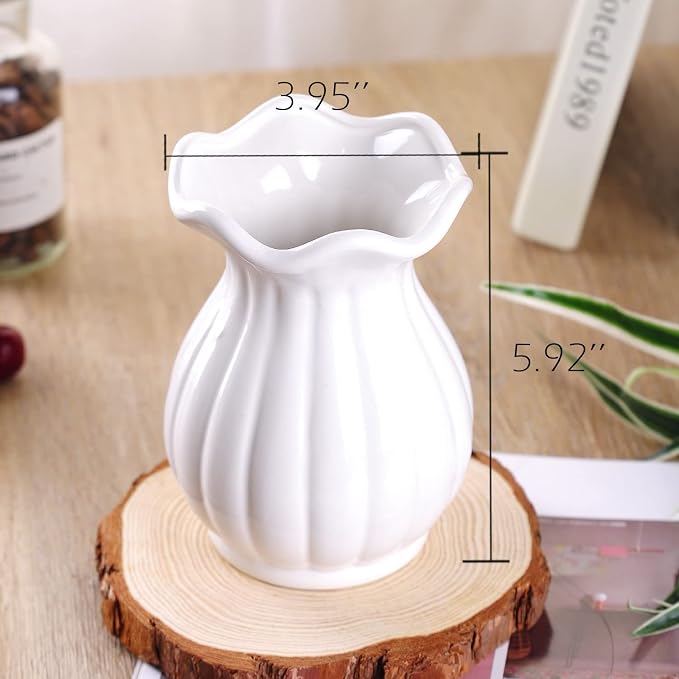 VanEnjoy 6 inch Modern Ribbed Design Small White Ceramic Decorative Tabletop Centerpiece Vase Flower Pot -White Lotus Flower
