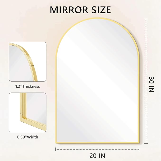 Arched Bathroom Mirror for Wall, 30" x 20" Metal Frame Vanity Mirror, Gold | Aluminium Alloy Frame, HD Shatterproof Glass, for Bathroom Over Sink , Entryway, Bedroom, Living Room