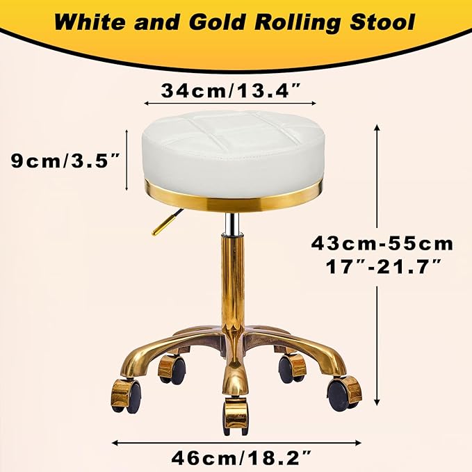 Gold Rolling Vanity Stool with Wheels, Padded Seat, Adjustable Round Rolling Chair, Office Work Stool, Pedicure Salon Spa Massage Esthetician Chair For Hair Salons, Spas, Tattoo (white, Without Back)