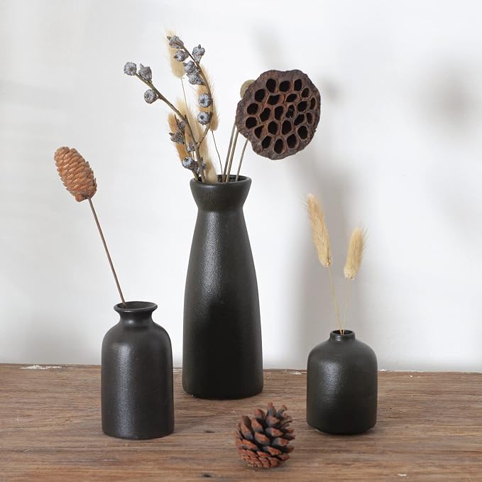 CEMABT Black Ceramic vase Set-3 Small Flower vases for Decor,Modern Boho Farmhouse Home Decor,Decorative vase for Pampas Grass&Dried Flowers,idea Shelf,Table,Bookshelf ，Entryway- Distressed