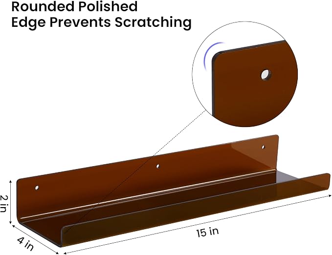 upsimples 4 Pcs 15" Acrylic Shelves for Wall Decor and Display, Brown | Cute Floating Shelf for Perfume, Skincare, Nail Polish, Wall Organizer for Bedroom, Living Room, Playroom, Room Décor