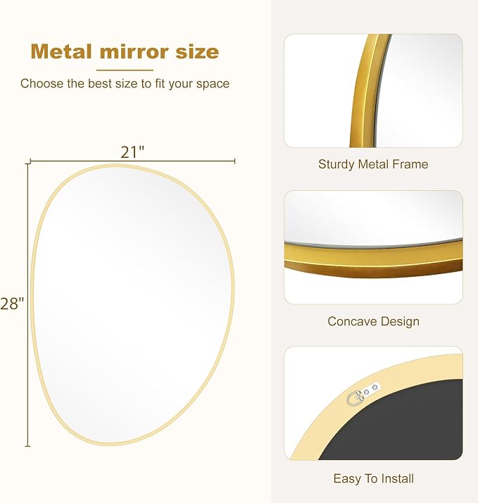 Irregular Wall Mirror, Asymmetrical Mirror Wall Mounted with Gold Framed for Living Room, Bathroom, Bedroom, Entryway Wall Decor, 28"×21", Gold