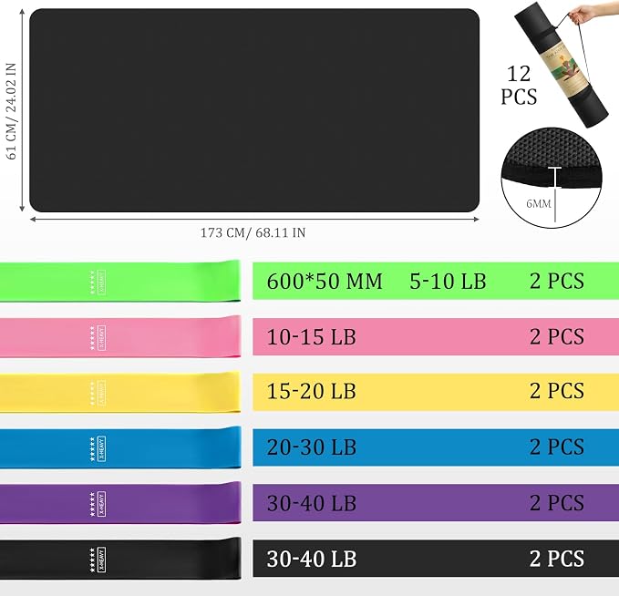 Hoolerry 36 Pieces Yoga Mats Sets Includes 12 Pcs Yoga Mats Bulk 68” x 24” x 6mm Thick Exercise Mat Non Slip 12 Resistance Bands 12 Carrying Straps for Women Girls for Gym Pilates