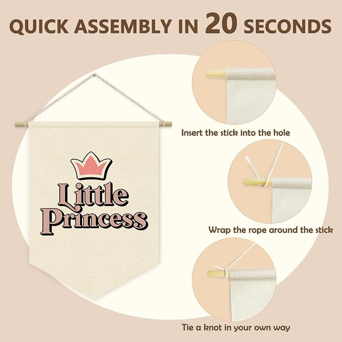Little Princess Room Decor for Girls Bedroom, Pink Cute Princess Crown Linen Pennant Banner for Baby Girl Nursery Wall Hanging, Playroom Toddler Room Decorations 15x11 Inch