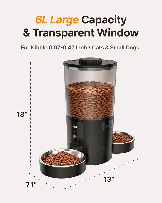 Dual-Camera Automatic Pet Feeder with 2 Bowls, 6L Smart Feeder for 2 Cats | 2K HD Video, App Control, Slow Feed Mode, Up to 20 Meals, 2-Way Audio, Night Vision, iOS/Android, Dry Food Only, Black