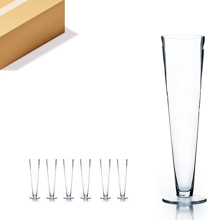 WGV Trumpet Glass Vase Bulk, Open 4", Height 16", (Multiple Sizes Choices) Clear Tall Pilsner Floral Planter Container Centerpiece, Wedding Event Home Decor, 6 Pieces (VTV0416)