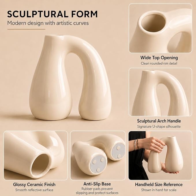 Cream White Ceramic Vase for Pampas, Boho Shelf & Table Decor | Holds Dried Stems and Faux Florals - Sculptural Accent for Mantel, Console and Entryway