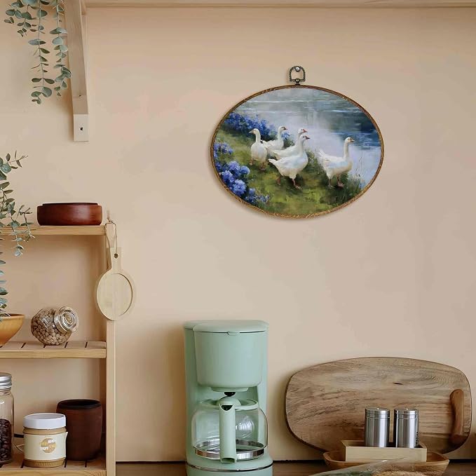 LKETW Rustic Duck Oval Wall Art Decor, Farmhouse Lakeside Wildflower Duck Oval Canvas Hanging Decor, Cottagecore Farm Animal Wall Decorations for Farmhouse Home Bedroom Living Room, 11.4x8.6 Inch