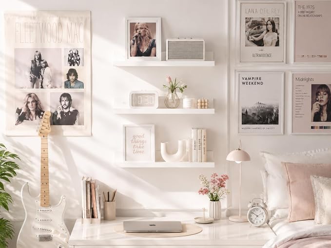 upsimples Floating Shelves for Wall Decor and Storage, White, 6Pcs 15.7'' | Wall Mounted Wood Shelves for Living Room, Bedroom, Bathroom, Kitchen, Office, Laundry Room Display and Organize