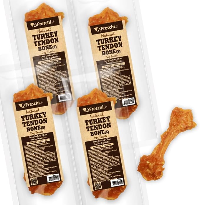 A Freschi srl Turkey Tendons for Dogs, USA-Sourced Human Grade, Rawhide-Free Long-Lasting Puppy Chews, All Natural Hypoallergenic Dog Treats for Small Breeds, Bone (S), 4 Count Pack