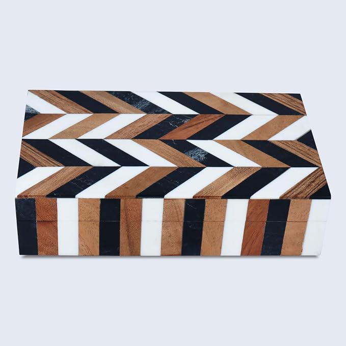 Handicrafts Home Small Decorative Storage Box with Lid Wooden Jewelry Box Trinket Box for Shelf Decor – Natural Wood Resin Inlay Marquet Cosmo Collection- 5x7x1.5