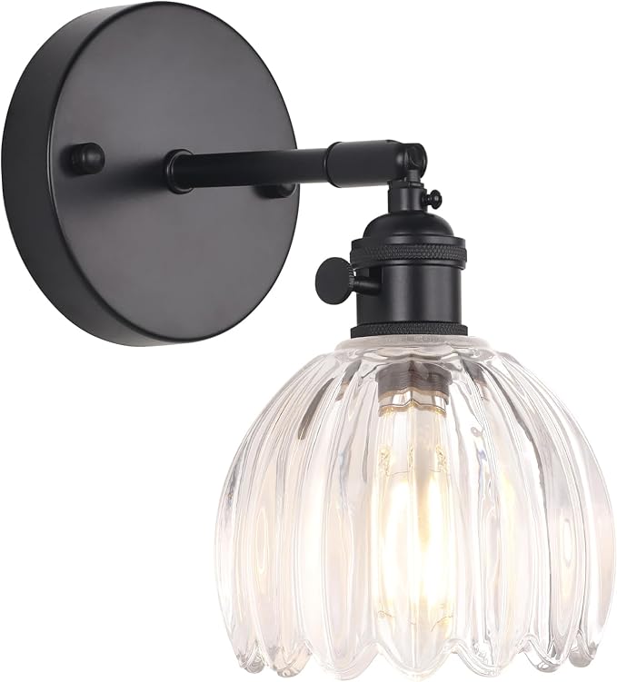 Shenmoyl Vintage Wall Sconce with Transparent Tulip Glass Lampshade 180 Degree Adjustable Black Sconce Hradwired Modern Wall Lighting Fixture with Switch for Bedside Bedroom Doorway