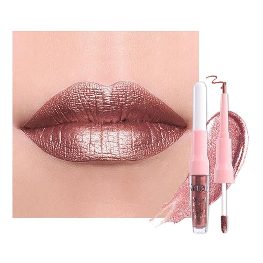 Kaely 2-in-1 Dark Bronze Metallic Lipstick and Lip Liner, Shimmer Liquid Metallic Lipsticks for Women, Glitter Lip Gloss Stain Long Lasting Waterproof Smudge Proof 24 Hour, Vegan Makeup, 06