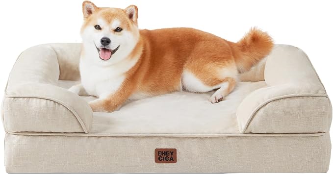 EHEYCIGA Orthopedic Dog Beds Large Sized Dog, Waterproof Washable Pet Bed | Non-Slip Bottom and Egg-Crate Memory Foam XL Dog Couch Bed with Washable Removable Cover, Beige