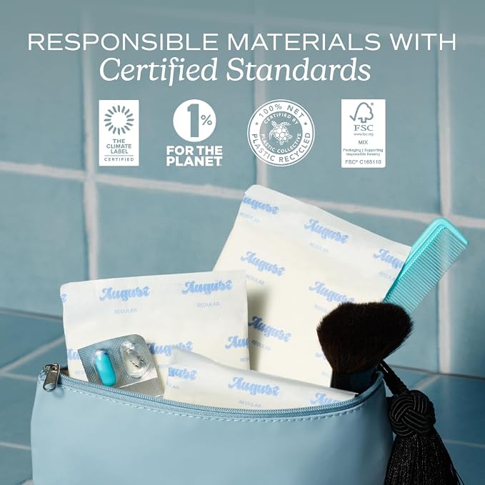 August Regular Cotton Menstrual Pads, 36-Pack Ultra Thin Pads with Wings, Hypoallergenic Sanitary Napkins with Organic Cotton Topsheet, Compostable Wrappers, Toxin Free, Fragrance Free