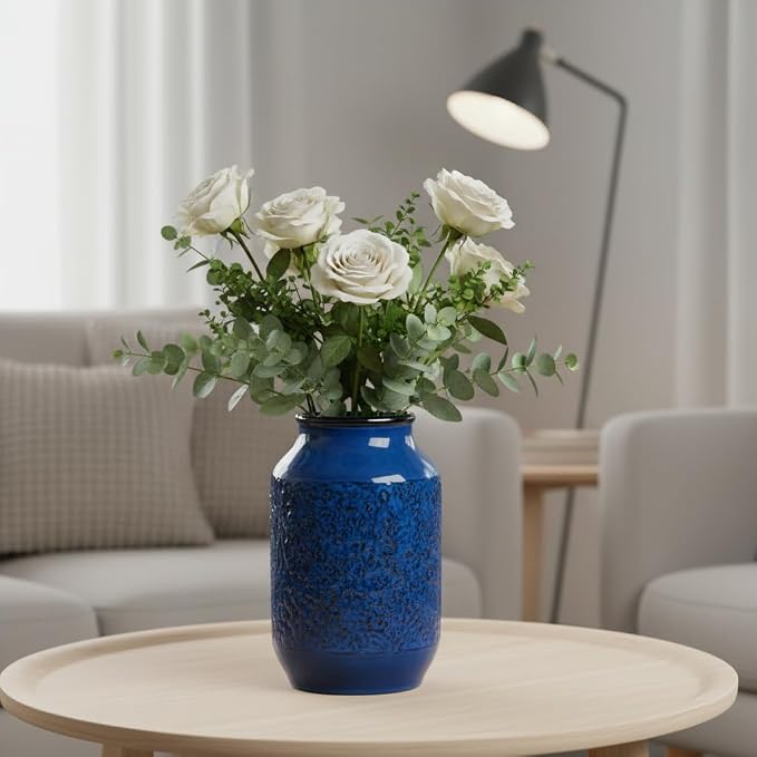 Blue Vase for Decor, 9 inch Ceramic Flower Vase, Modern Decorative Vases Home Decor, Bathroom Bedroom Office Living Room Shelf Decoration