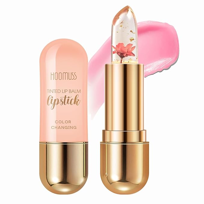 Tinted Lip Balm Flower Lipstick Tinted Lip Gloss Long Lasting PH Lipsticks Color Changing Lipstick Natural Glitter Pink Lip Stick, Pink Flower
