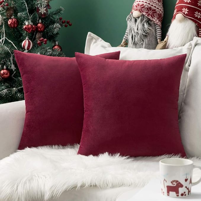 MIULEE 24x24 Inch Pack of 2 Euro Velvet Throw Pillow Covers Wine Red | Soft Solid Decorative Euro Sham, Modern Luxury Home Decor, for King Bed Sofa Couch Bedroom Livingroom