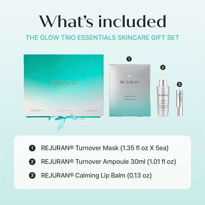 REJURAN® The Glow Trio Essentials Korean Skincare Gift Set – Turnover Ampoule Serum, Turnover Sheet Mask & Calming Lip Balm with c-PDRN®, Hydrating & Soothing Care for Radiant-Looking Skin