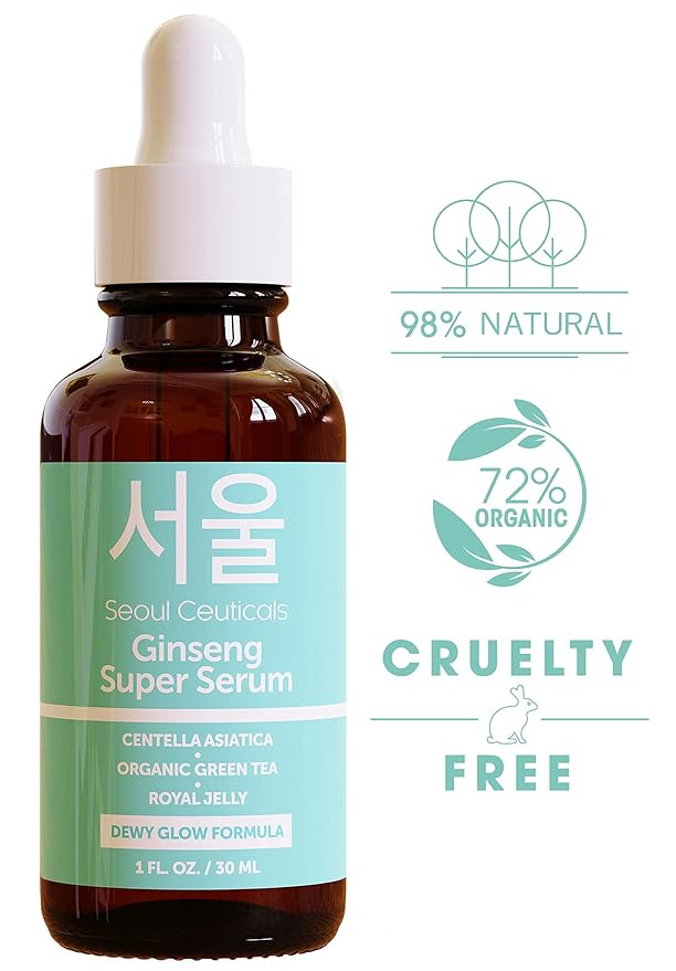 SeoulCeuticals Korean Skin Care Ginseng Serum - K Beauty Skincare with Green Tea + Centella + Royal Jelly - Cruelty Free & Organic for Dewy Glow 1oz (Pack of 2)