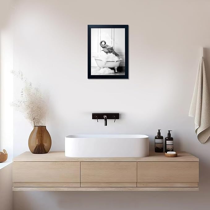Framed Bathroom Art Wall Decor Elephant in Bathtub Decor Funny Black and White Animal Canvas Print Paintings for Bathroom